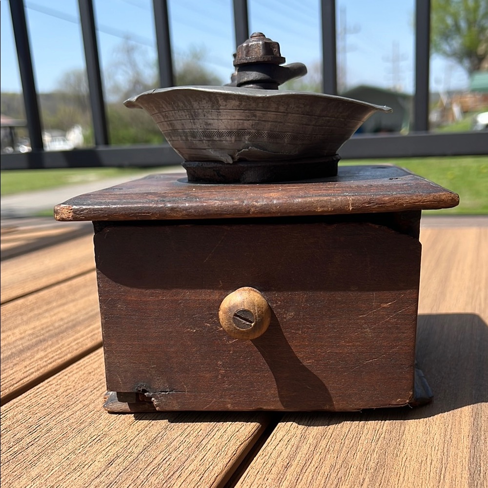 Antique Coffee Mill Grinder ADAMS Hand Crank Operated Wooden Drawer Primitive